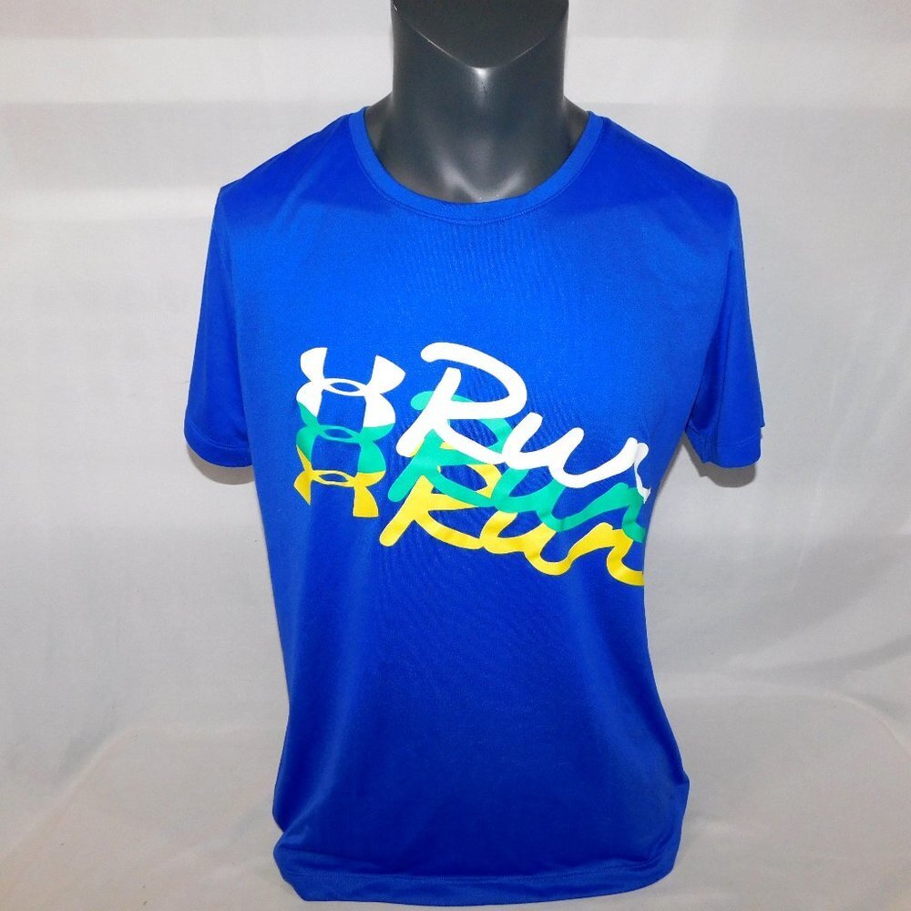Under Armour Semi-Fitted Heat Gear RUN Blue Graphic athletic T Shirt Mens XL